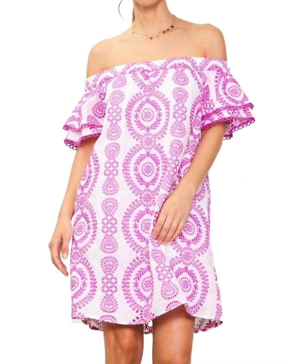 NEW SKIES ARE BLUE embroidered eyelet off-shoulder dress in white-rose violet